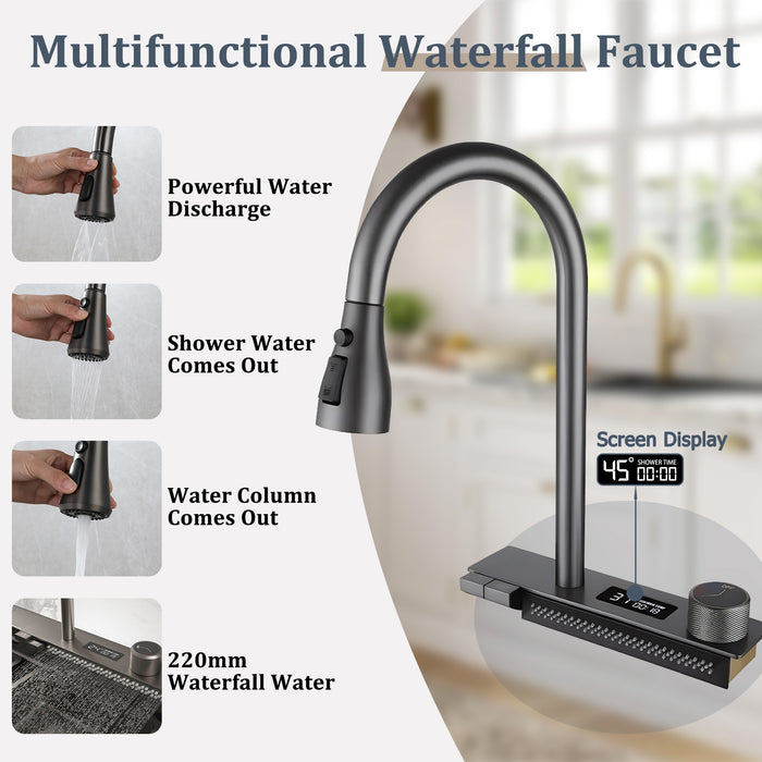 Waterfall Workstation Kitchen Sink with Digital Display and Pull-Out Faucet - Modura Sinks