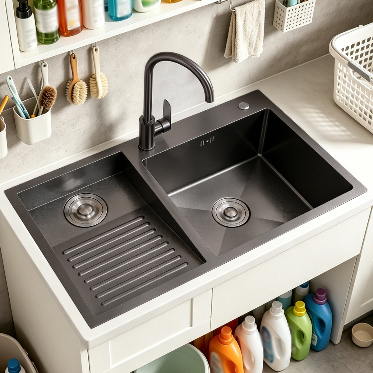 Washboard Laundry Utility Sink with Built-In Drainboard
