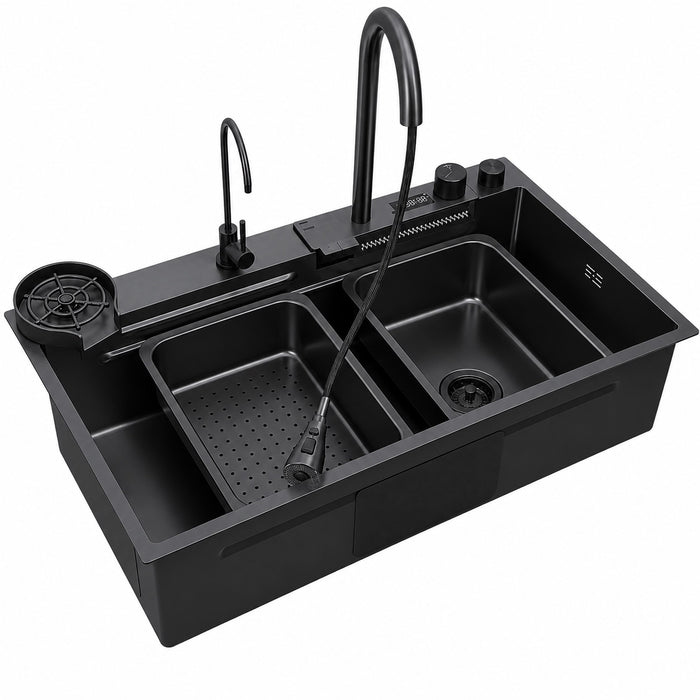 Black Waterfall Workstation Kitchen Sink with Digital Display and Pull-Out Faucet - Modura Sinks