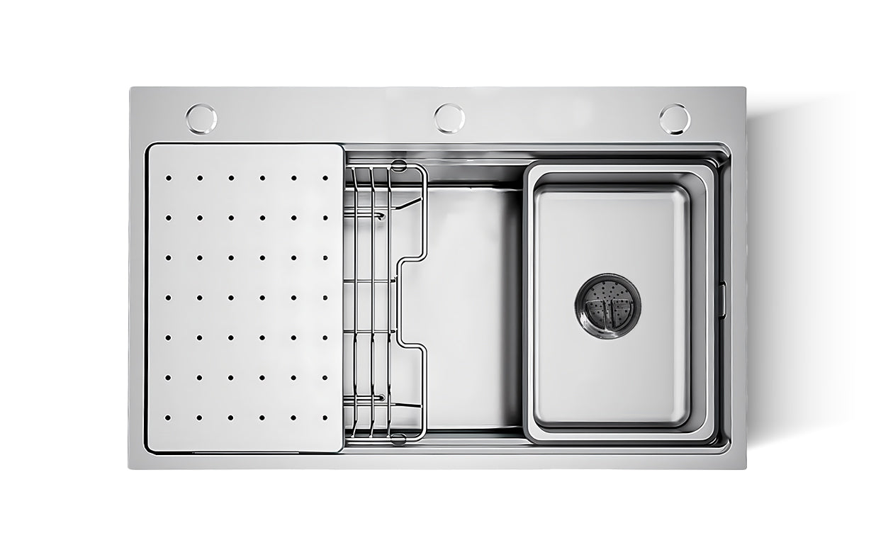 Silver Double-Step Workstation Sink 34 inch top mount