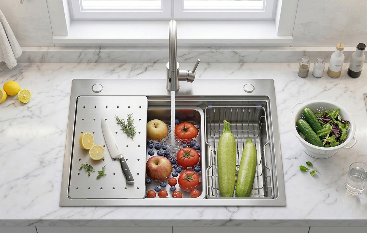 Silver Double-Step Workstation Sink with stainless finish