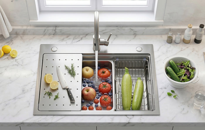 Silver Double-Step Workstation Sink with stainless finish
