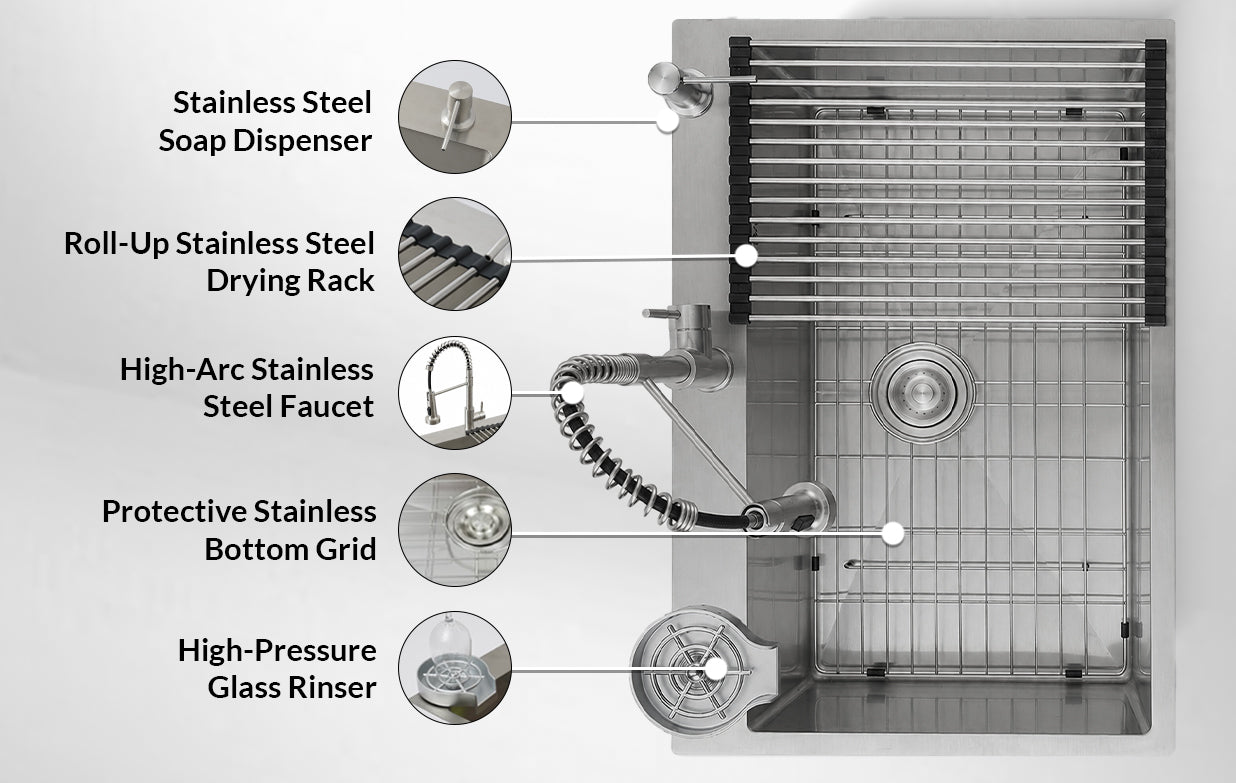 Silver Kitchen Sink with Faucet & Glass Rinser top mount design