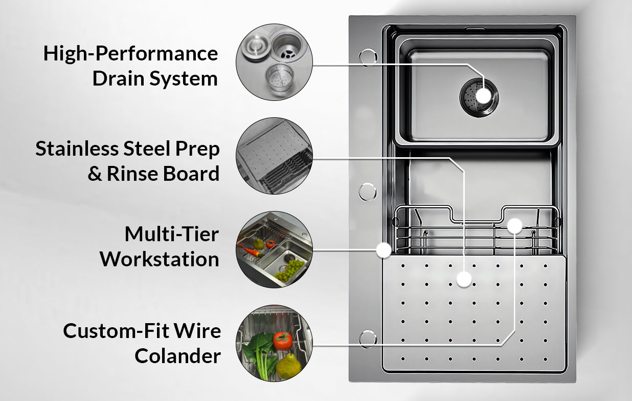 Silver Double-Step Workstation Sink top mount design