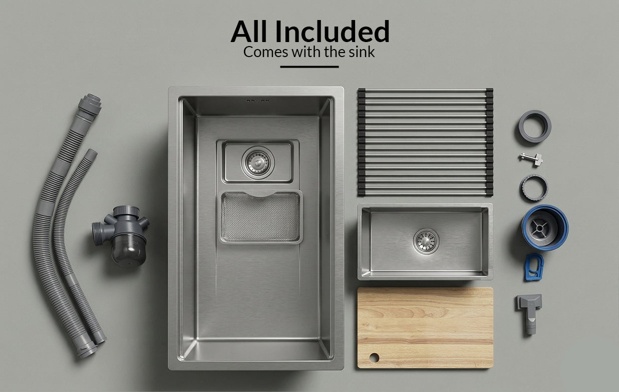Silver Textured Stainless Steel Sink with workstation accessories
