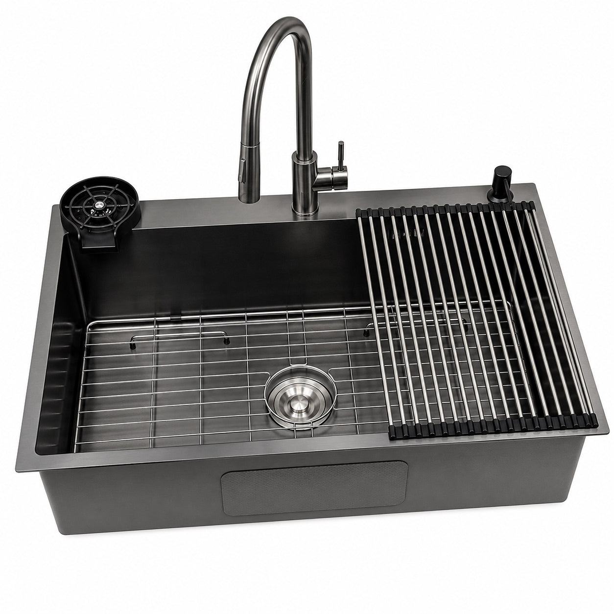 Black Kitchen Sink with Faucet Cup Rinser and Soap Dispenser - Modura Sinks