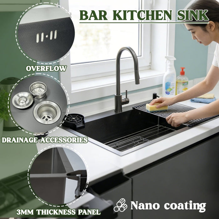 Black Kitchen Sink with Faucet, Cup Rinser & Soap Dispenser - Modura Sinks