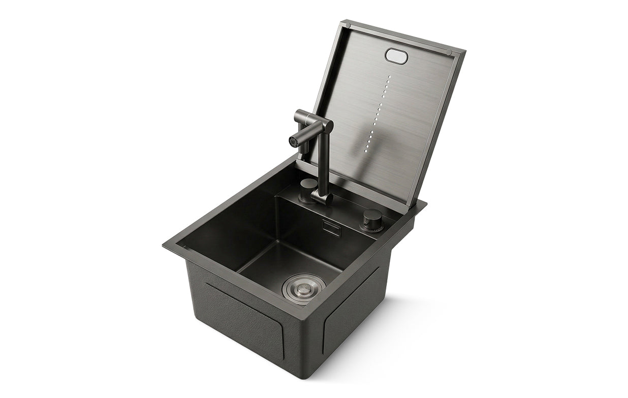 Black cover plate sink with folding faucet