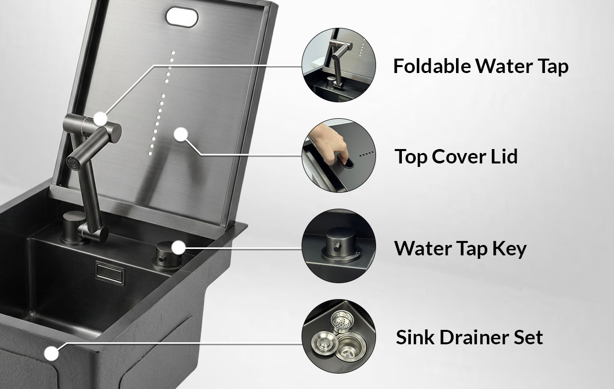 Cover Plate Sink with Folding Faucet features Foldable Water Tap, Top Cover Lid, Water Tap Key, and Sink Drainer Set.