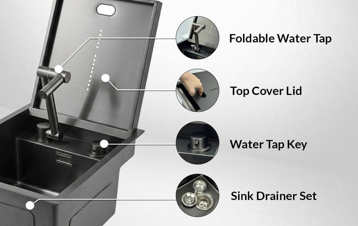 Cover Plate Sink with Folding Faucet features Foldable Water Tap, Top Cover Lid, Water Tap Key, and Sink Drainer Set.