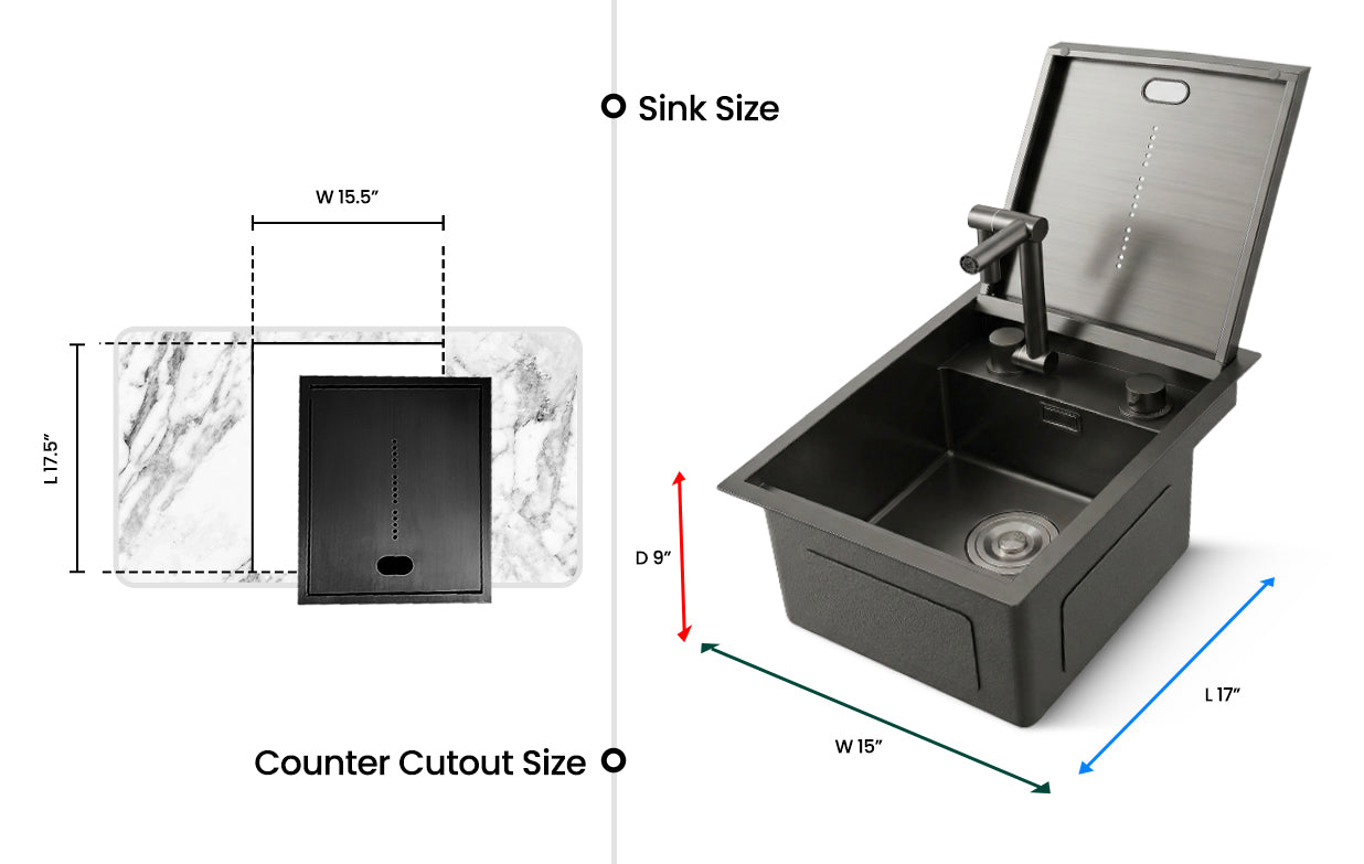 Cover Plate Sink with Folding Faucet dimensions and design featuring a foldable faucet and counter cutout size.