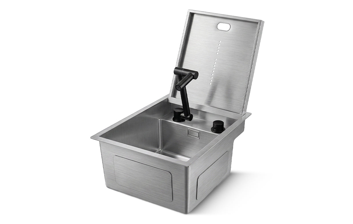 Silver cover plate sink with folding faucet