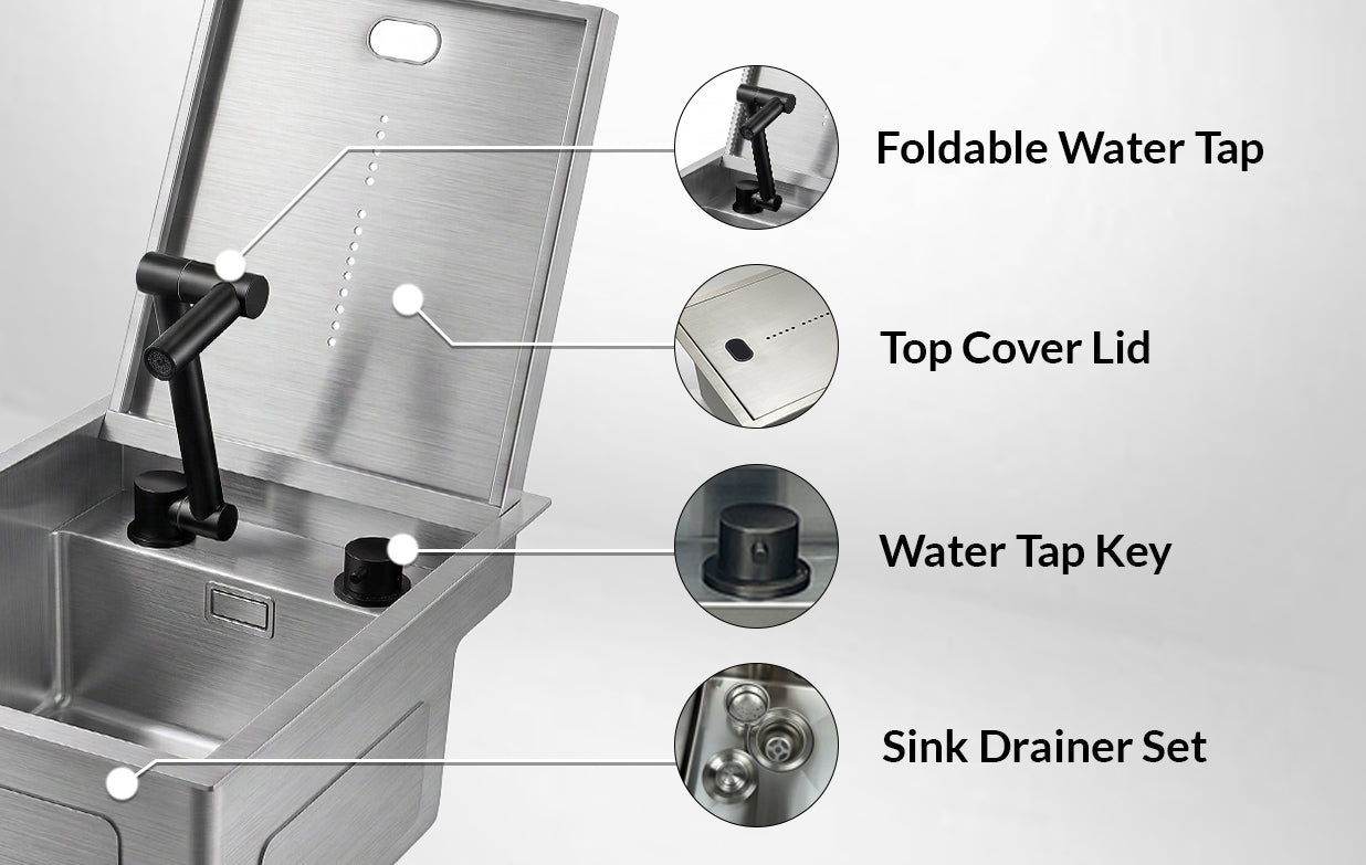 Cover Plate Sink with Folding Faucet features including foldable water tap, top cover lid, water tap key, and sink drainer set.