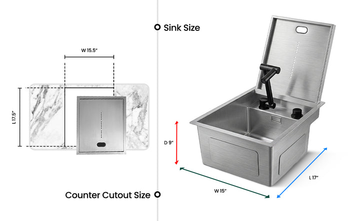 Cover Plate Sink with Folding Faucet dimensions and counter cutout size illustration.