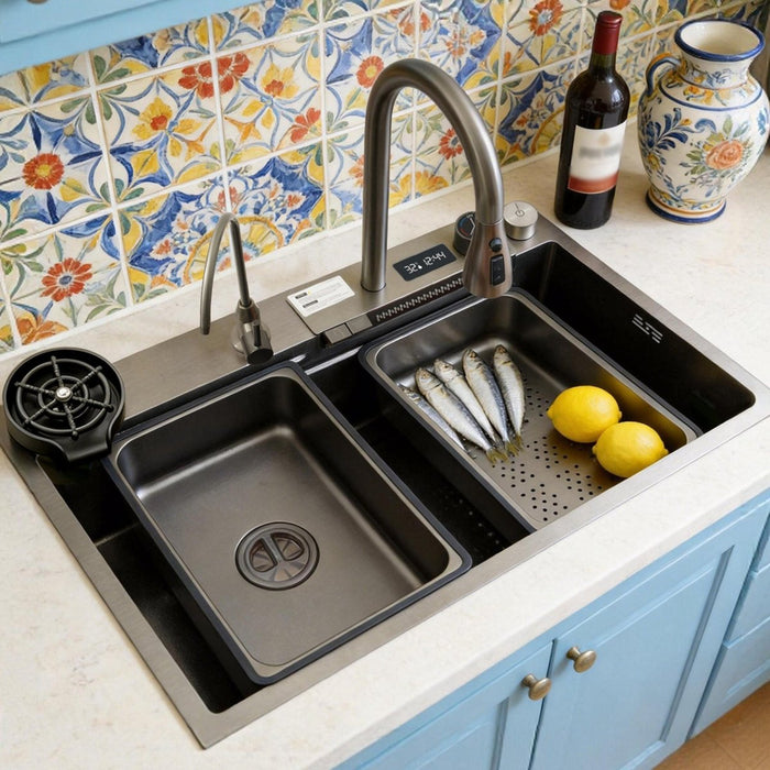 Waterfall Workstation Kitchen Sink with Digital Display & Pull-Out Faucet - Modura Sinks