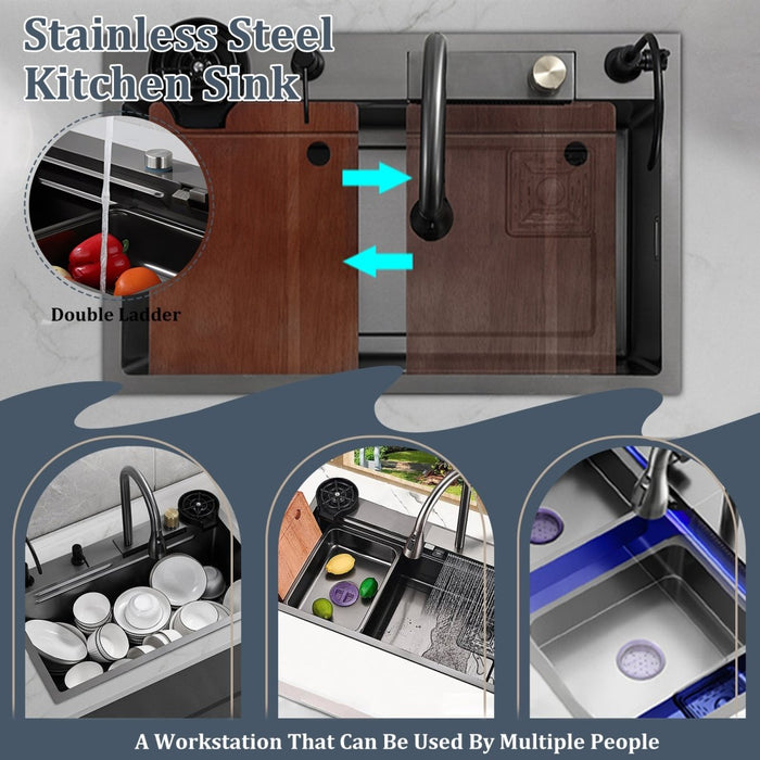 Waterfall Workstation Kitchen Sink with Digital Display & Pull-Out Faucet - Modura Sinks