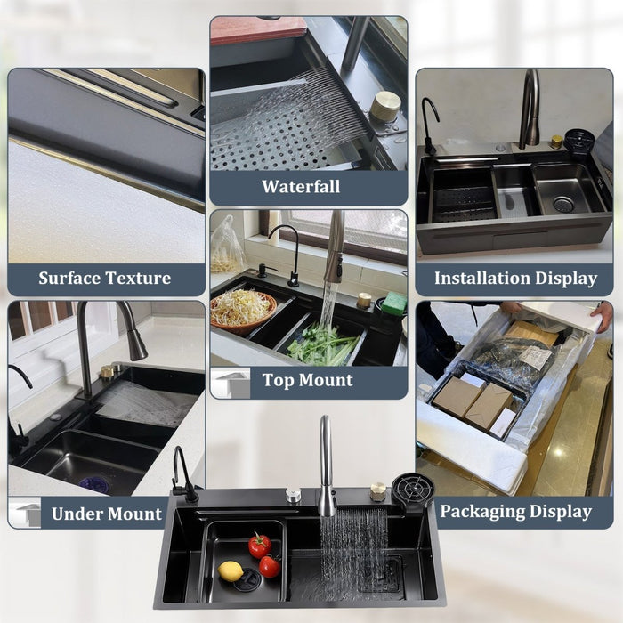 Waterfall Workstation Kitchen Sink with Digital Display & Pull-Out Faucet - Modura Sinks