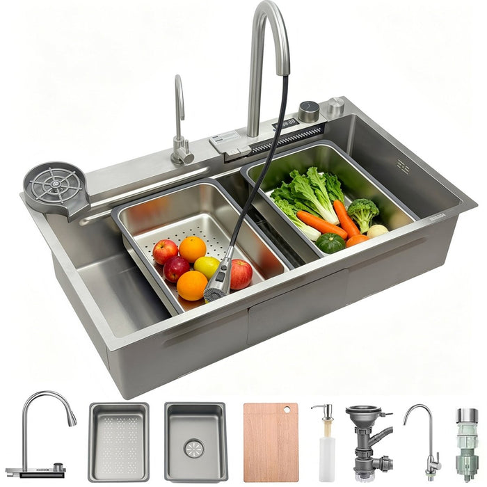 Waterfall Workstation Kitchen Sink with Digital Display & Pull-Out Faucet - Modura Sinks