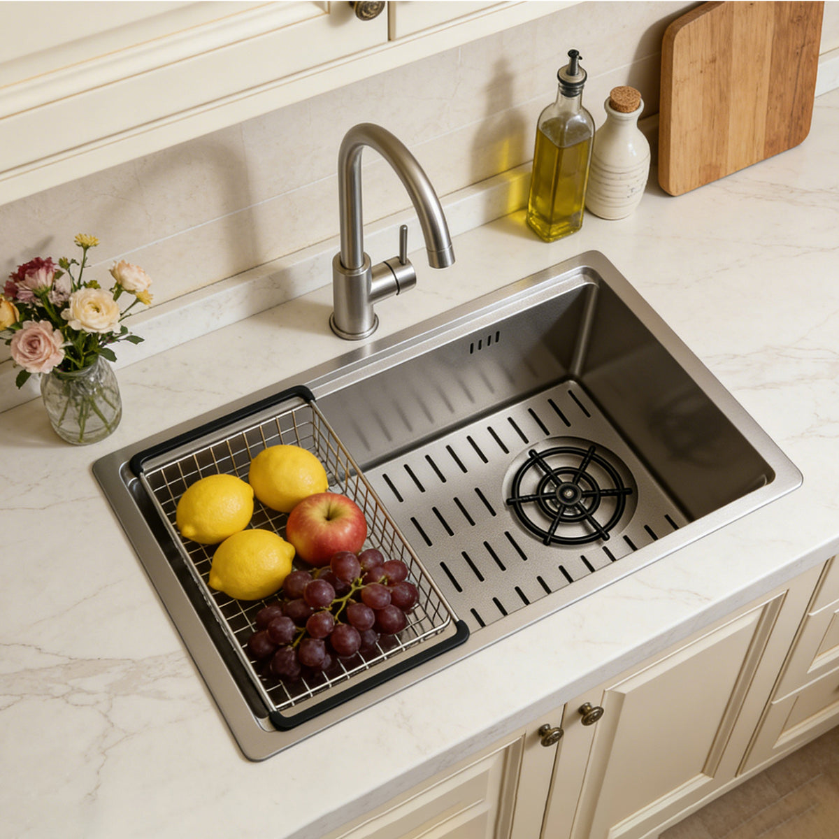 Silver Rectangular Sink with Cup Rinser
