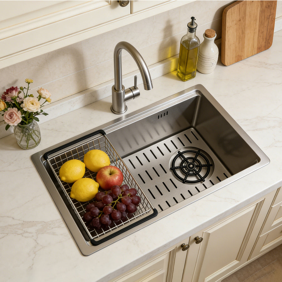 Silver Rectangular Sink with Cup Rinser