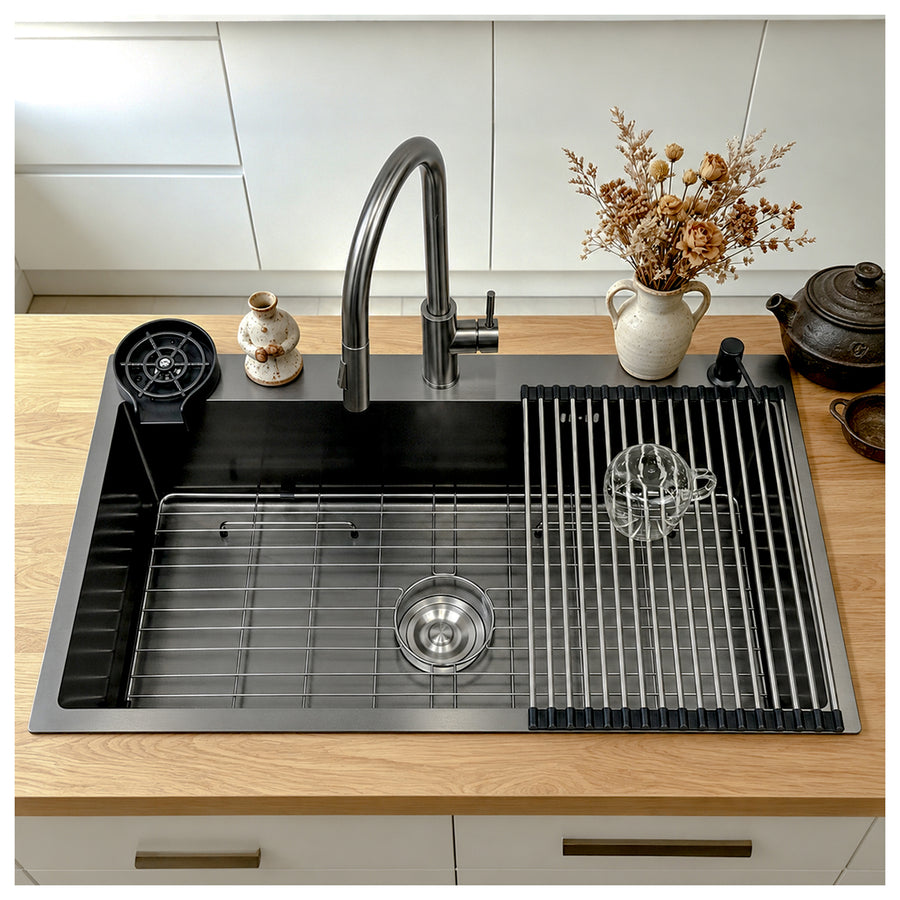 Black Kitchen Sink with Faucet, Cup Rinser & Soap Dispenser