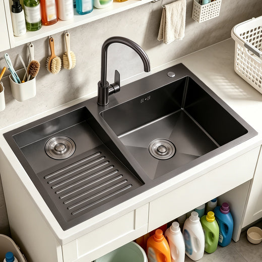 Washboard Laundry Utility Sink with Built-In Drainboard