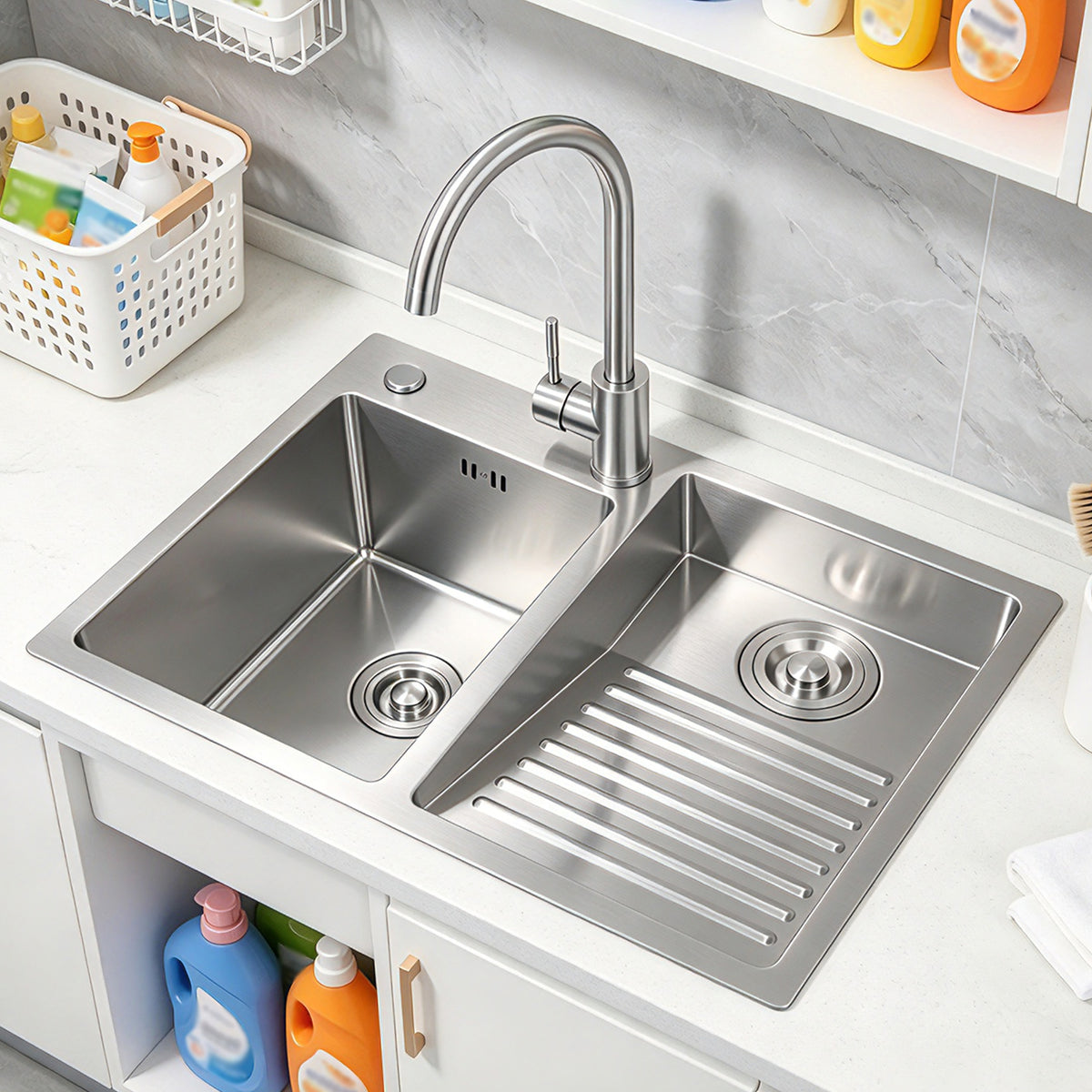 Washboard Laundry Utility Sink with Built-In Drainboard