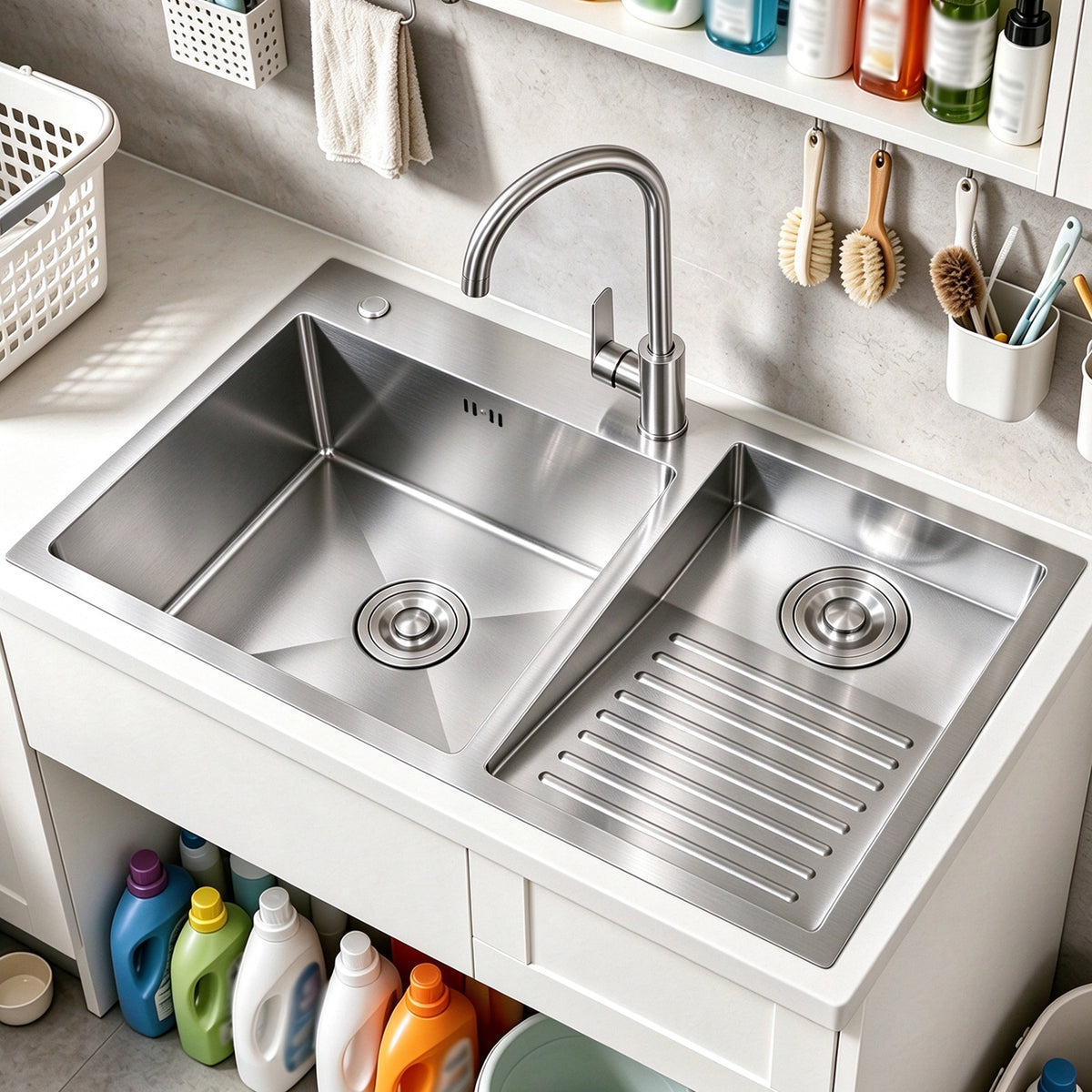 Washboard Laundry Utility Sink with Built-In Drainboard