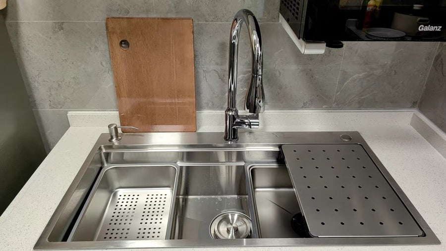 Silver Double-Step Workstation Sink