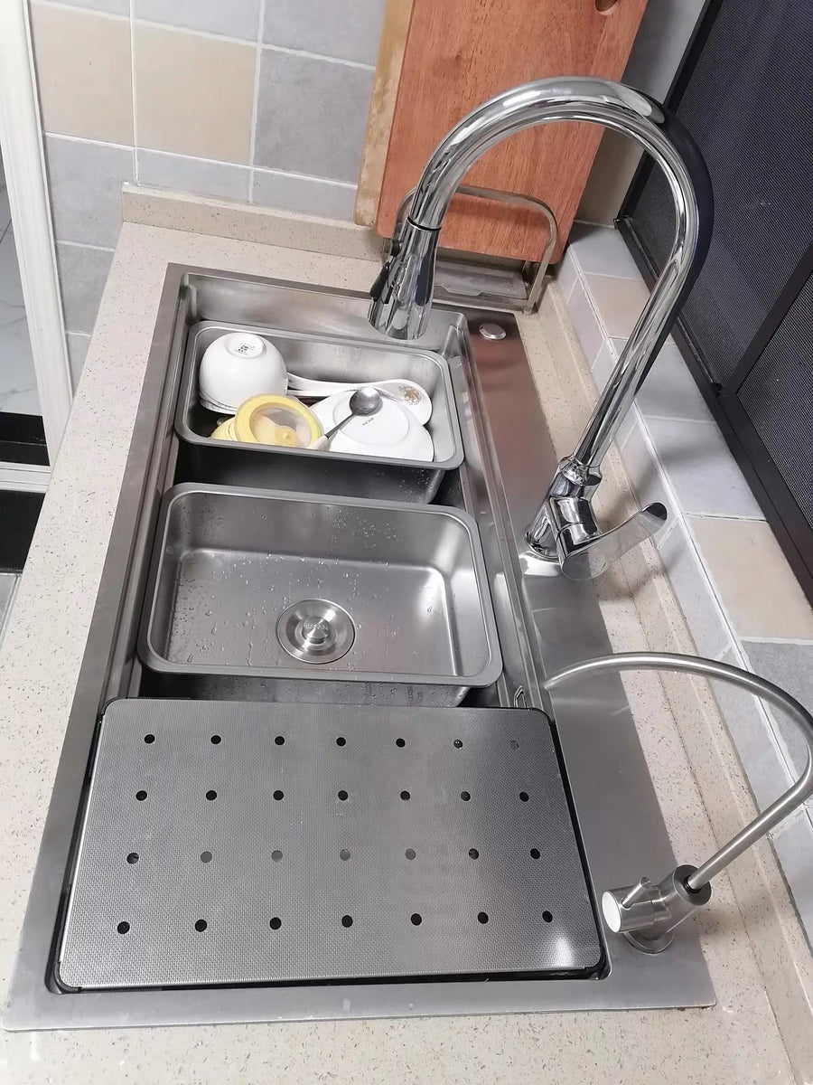 Silver Double-Step Workstation Sink