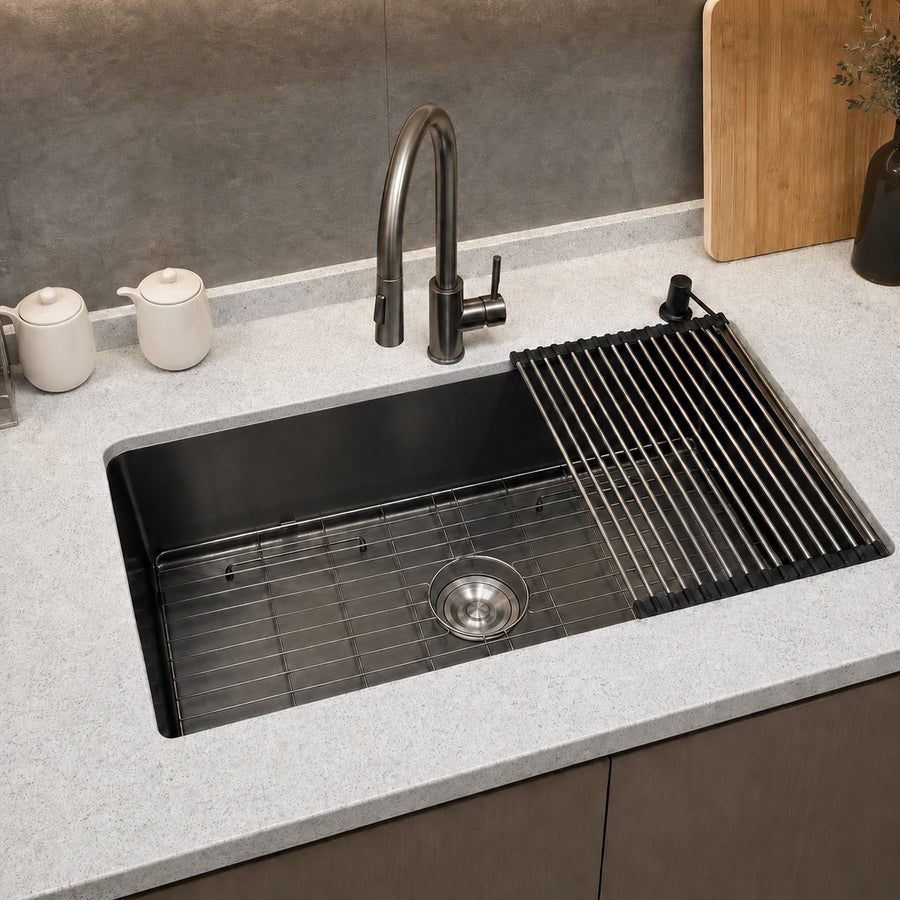 Black Kitchen Sink with Faucet, Cup Rinser & Soap Dispenser