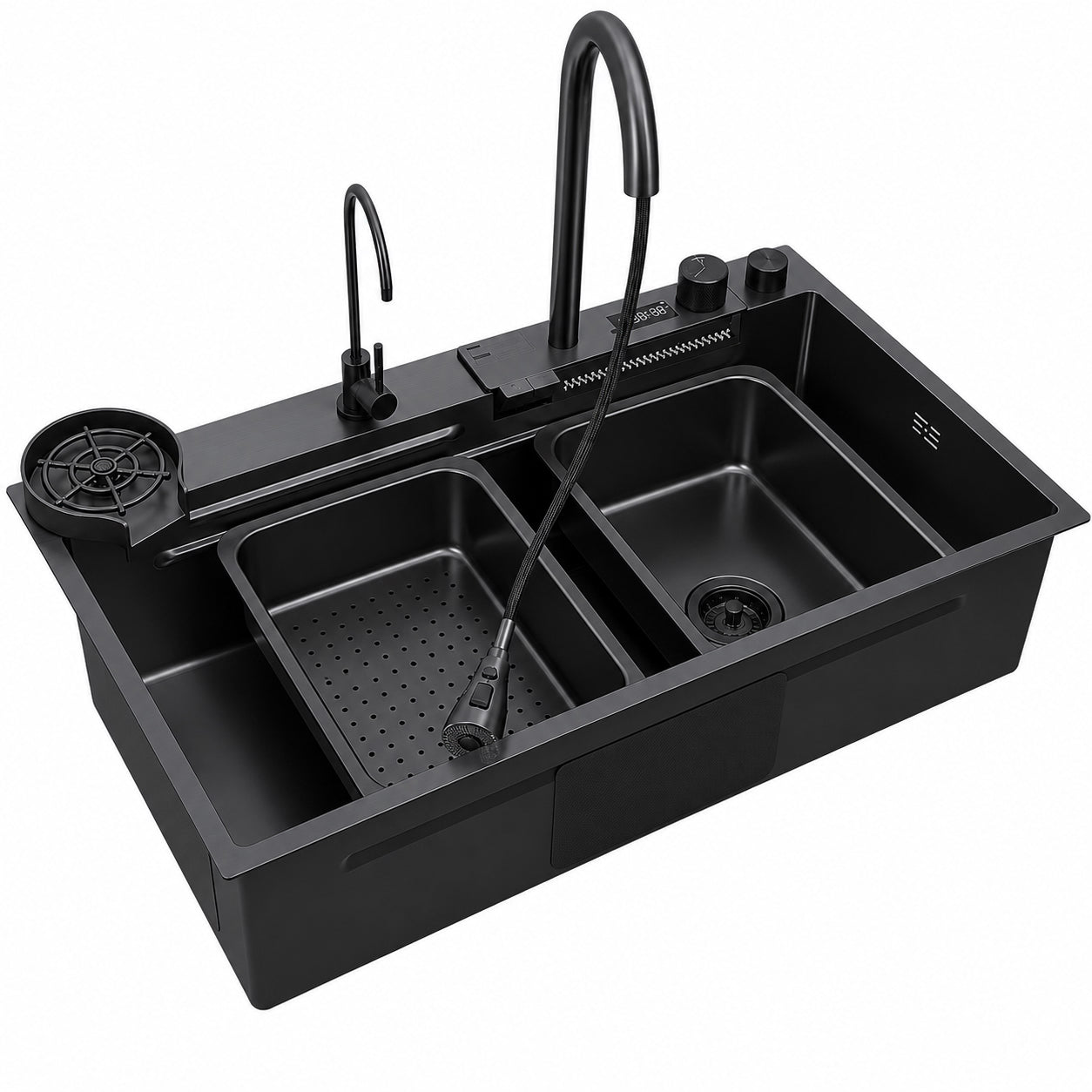 Black Waterfall Workstation Kitchen Sink with Digital Display and Pull-Out Faucet - Modura Sinks