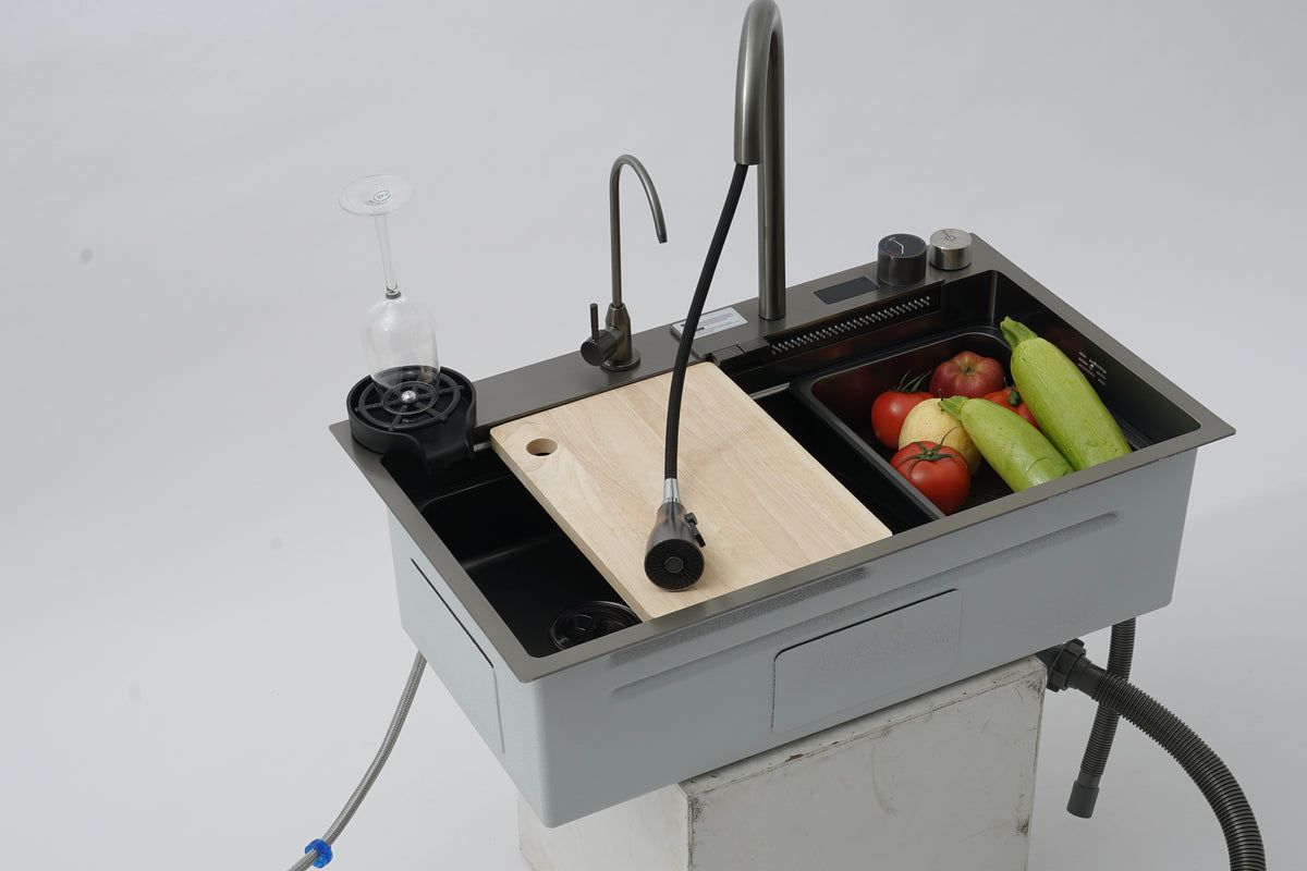 Waterfall Workstation Kitchen Sink with Digital Display & Pull-Out Faucet
