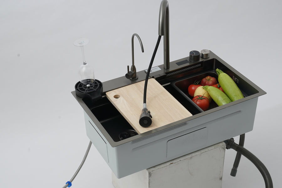 Waterfall Workstation Kitchen Sink with Digital Display & Pull-Out Faucet
