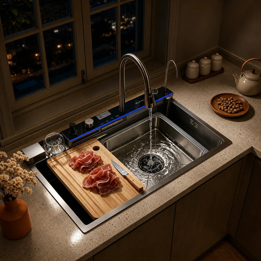 Double Waterfall Sink with 4-Way Faucet System