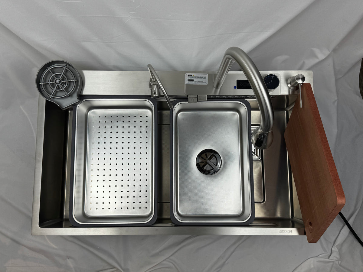 Waterfall Workstation Kitchen Sink with Digital Display & Pull-Out Faucet