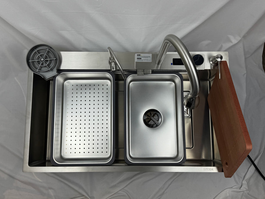 Waterfall Workstation Kitchen Sink with Digital Display & Pull-Out Faucet