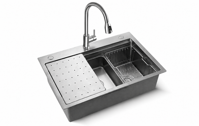 Silver Double-Step Workstation Sink 30 inch top mount