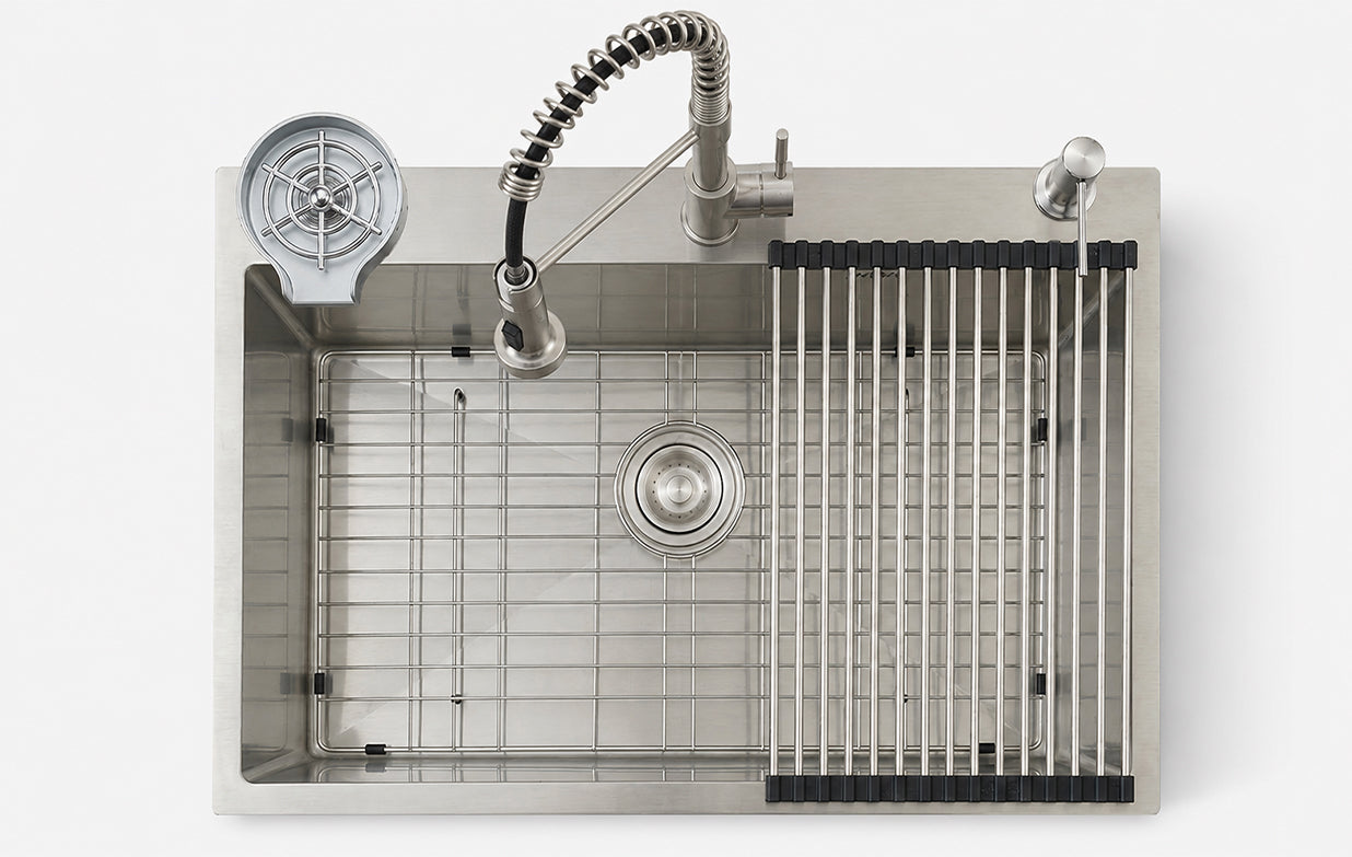 Silver Kitchen Sink with Faucet & Glass Rinser for modern kitchens