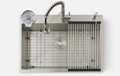Silver Kitchen Sink with Faucet & Glass Rinser for modern kitchens