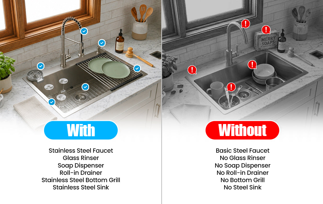 Silver Kitchen Sink with Faucet & Glass Rinser for prep and washing