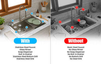 Silver Kitchen Sink with Faucet & Glass Rinser for prep and washing