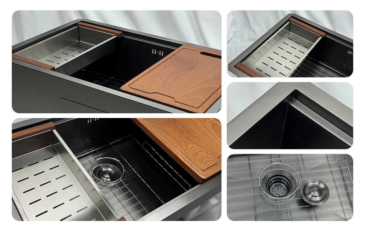 Beveled Corner Workstation Sink with black finish