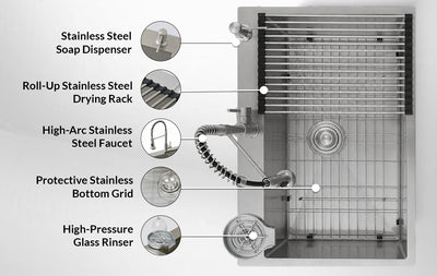 Silver Kitchen Sink with Faucet & Glass Rinser top mount design