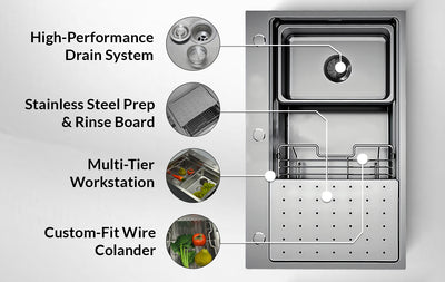 Silver Double-Step Workstation Sink top mount design