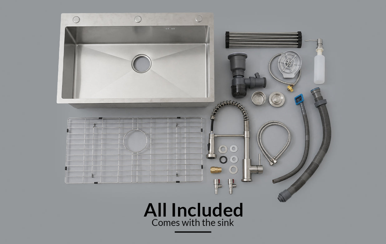 Silver Kitchen Sink with Faucet & Glass Rinser 34 inch top mount
