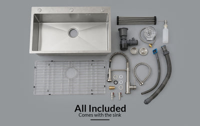 Silver Kitchen Sink with Faucet & Glass Rinser 34 inch top mount