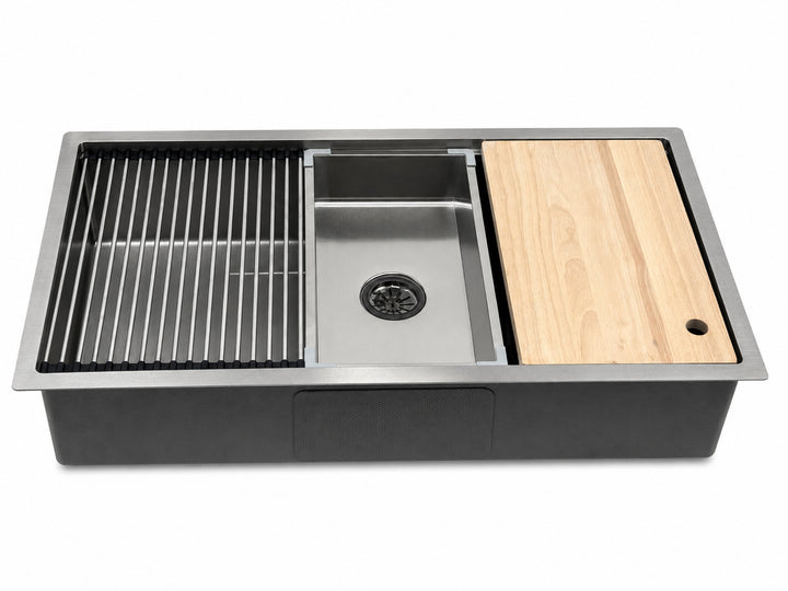 Textured Stainless Steel Kitchen Sink with Colander and Rack - Modura Sinks