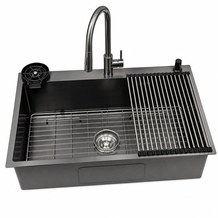 Black Kitchen Sink with Faucet Cup Rinser and Soap Dispenser - Modura Sinks