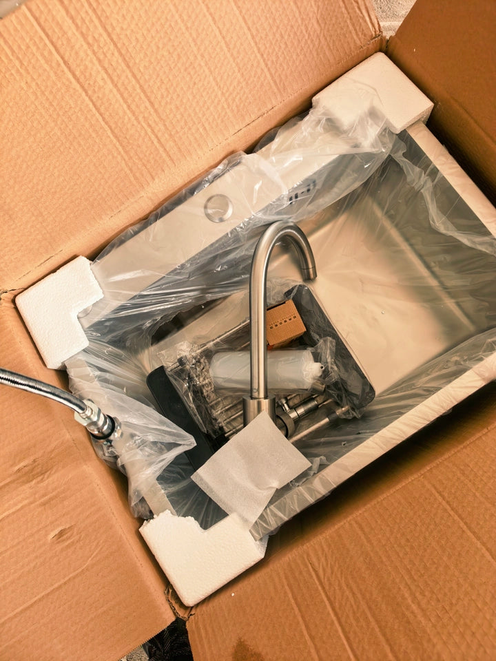 Silver Kitchen Sink with Faucet & Glass Rinser